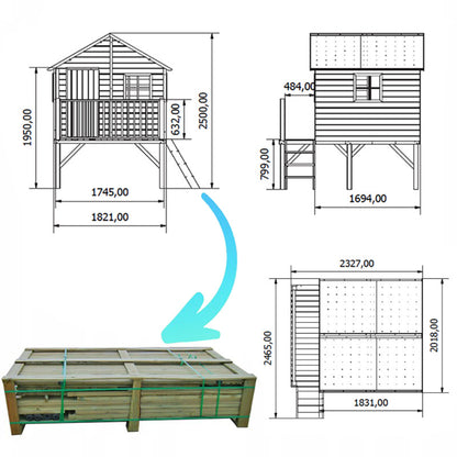 Spielhaus „Tayo“ aus Holz – mit Rutsche, Leiter & 80 cm Podest, 247×233×250 cm, EN71/TÜV-geprüft