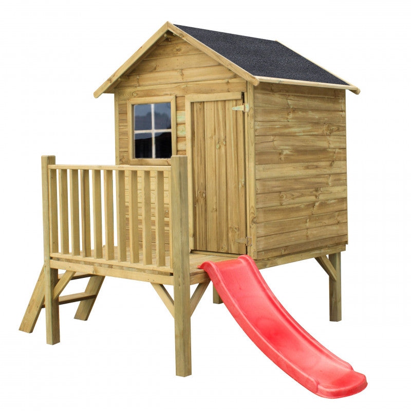 Spielhaus „Tobi Plus“ aus Holz – mit HDPE-Rutsche, Podest 57 cm, EN71/TÜV, 125×178×211 cm