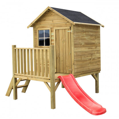 Spielhaus „Tobi Plus“ aus Holz – mit HDPE-Rutsche, Podest 57 cm, EN71/TÜV, 125×178×211 cm