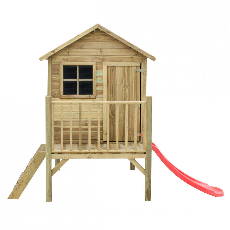 Spielhaus „Tobi Plus“ aus Holz – mit HDPE-Rutsche, Podest 57 cm, EN71/TÜV, 125×178×211 cm