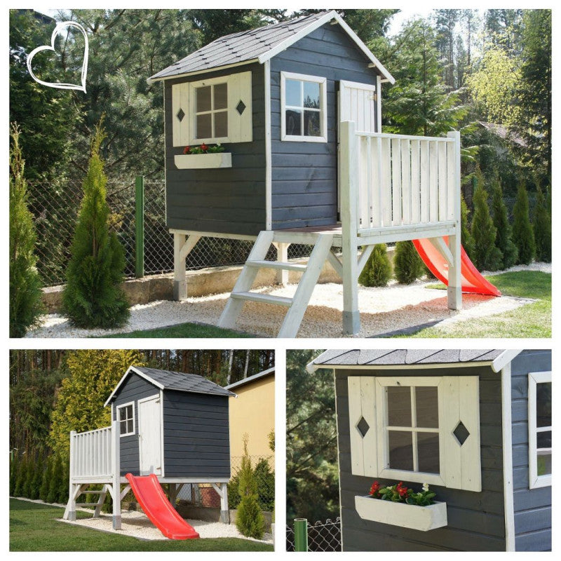 Spielhaus „Tobi Plus“ aus Holz – mit HDPE-Rutsche, Podest 57 cm, EN71/TÜV, 125×178×211 cm