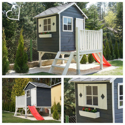 Spielhaus „Tobi Plus“ aus Holz – mit HDPE-Rutsche, Podest 57 cm, EN71/TÜV, 125×178×211 cm