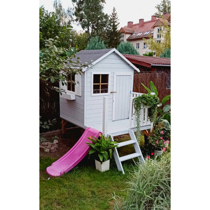 Spielhaus „Tobi Plus“ aus Holz – mit HDPE-Rutsche, Podest 57 cm, EN71/TÜV, 125×178×211 cm
