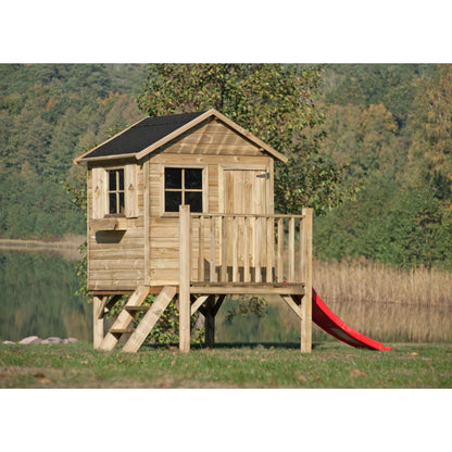 Spielhaus „Tobi Plus“ aus Holz – mit HDPE-Rutsche, Podest 57 cm, EN71/TÜV, 125×178×211 cm