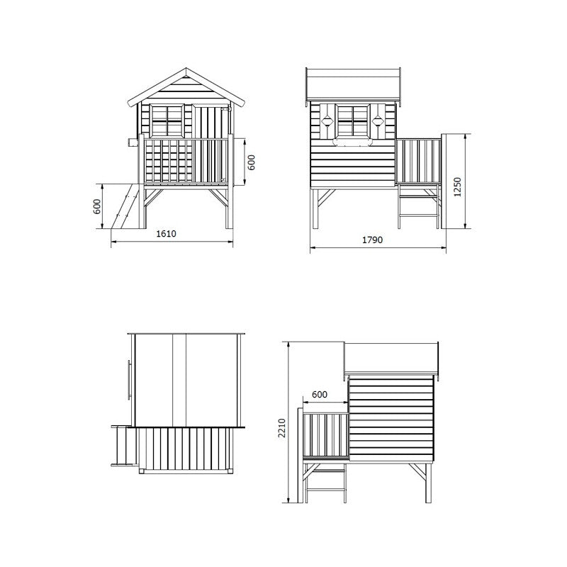 Spielhaus „Tobi Plus“ aus Holz – mit HDPE-Rutsche, Podest 57 cm, EN71/TÜV, 125×178×211 cm