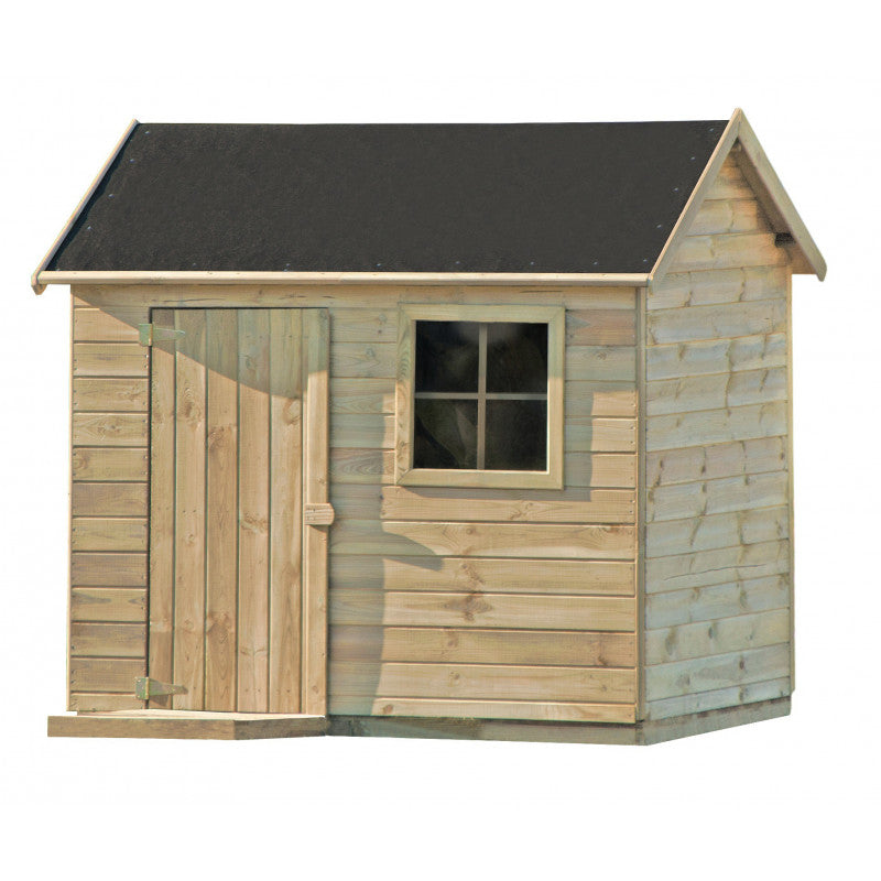 Spielhaus „Fynn“ aus Holz – mit Fenster, Blumenkasten & Boden, 161×127×158 cm, EN71/TÜV, natur