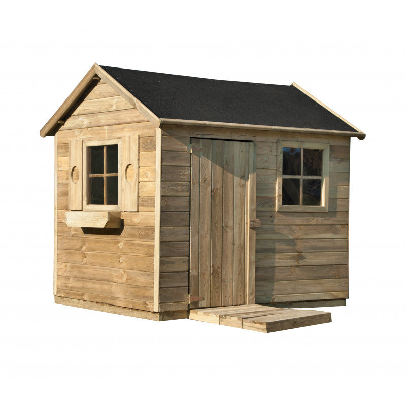 Spielhaus „Fynn“ aus Holz – mit Fenster, Blumenkasten & Boden, 161×127×158 cm, EN71/TÜV, natur