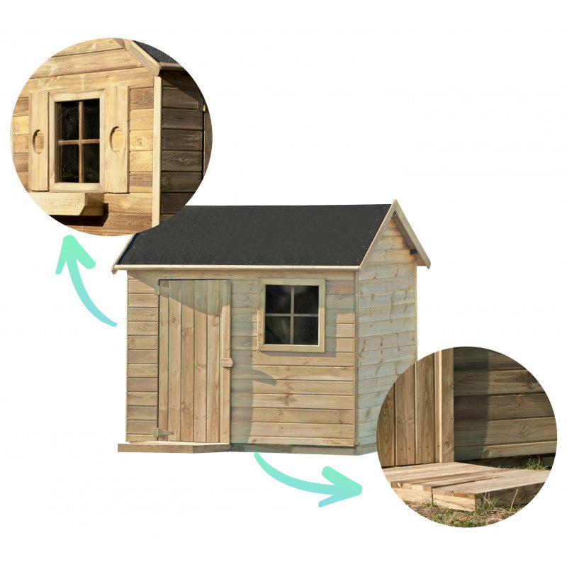 Spielhaus „Fynn“ aus Holz – mit Fenster, Blumenkasten & Boden, 161×127×158 cm, EN71/TÜV, natur