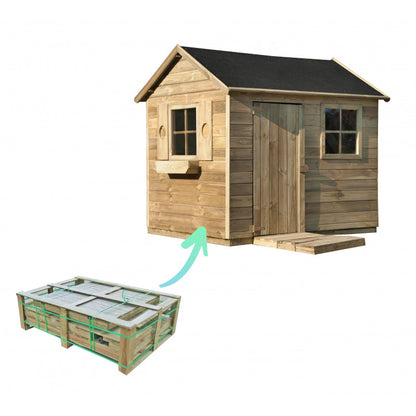 Spielhaus „Fynn“ aus Holz – mit Fenster, Blumenkasten & Boden, 161×127×158 cm, EN71/TÜV, natur