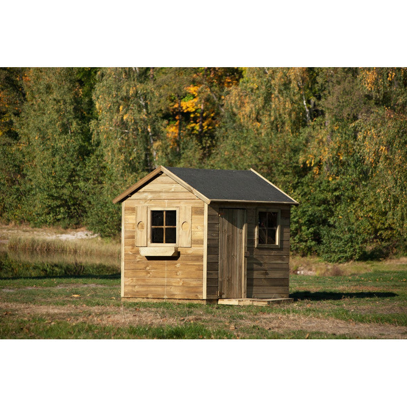 Spielhaus „Fynn“ aus Holz – mit Fenster, Blumenkasten & Boden, 161×127×158 cm, EN71/TÜV, natur
