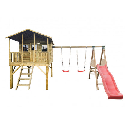 Spielhaus „Benno Plus“ aus Holz – Doppelschaukel, Plattform & Rutsche, 120 cm Podest, TÜV-geprüft, imprägniert