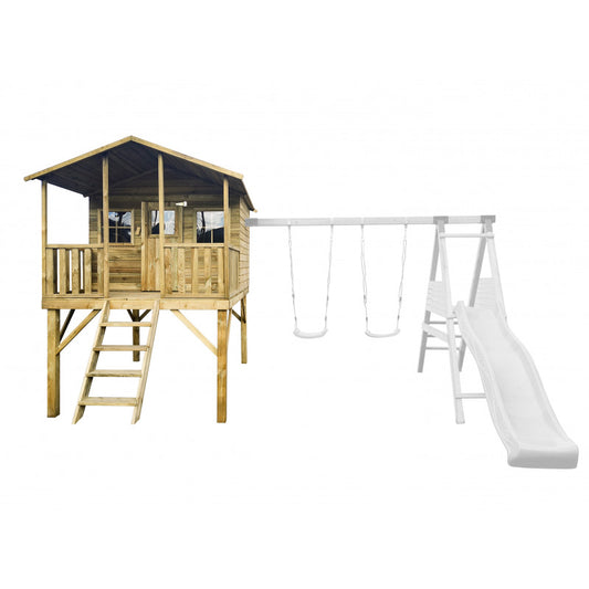 Spielhaus „Benno Plus“ aus Holz – Doppelschaukel, Plattform & Rutsche, 120 cm Podest, TÜV-geprüft, imprägniert