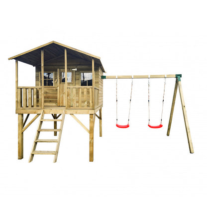 Spielhaus „Benno Duo“ aus Holz – Doppelschaukel, 120 cm Podest, Plexiglas-Fenster, imprägniert, TÜV-geprüft