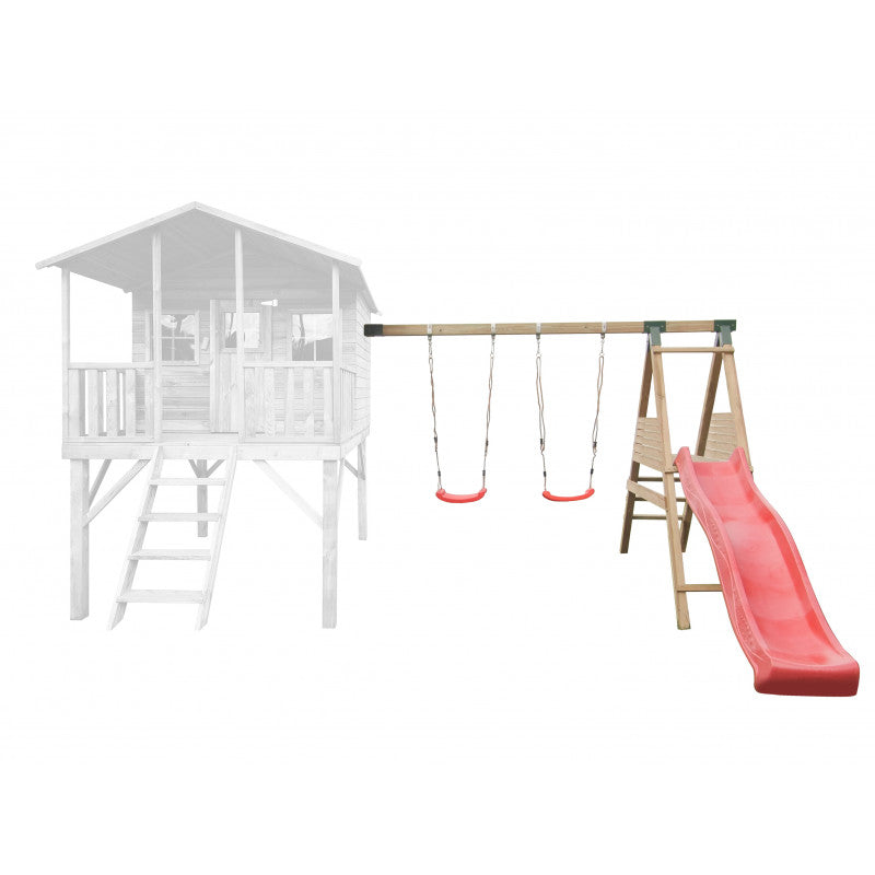 Spielhaus „Benno Plus“ aus Holz – Doppelschaukel, Plattform & Rutsche, 120 cm Podest, TÜV-geprüft, imprägniert