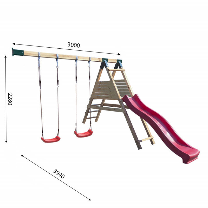 Spielhaus „Benno Plus“ aus Holz – Doppelschaukel, Plattform & Rutsche, 120 cm Podest, TÜV-geprüft, imprägniert
