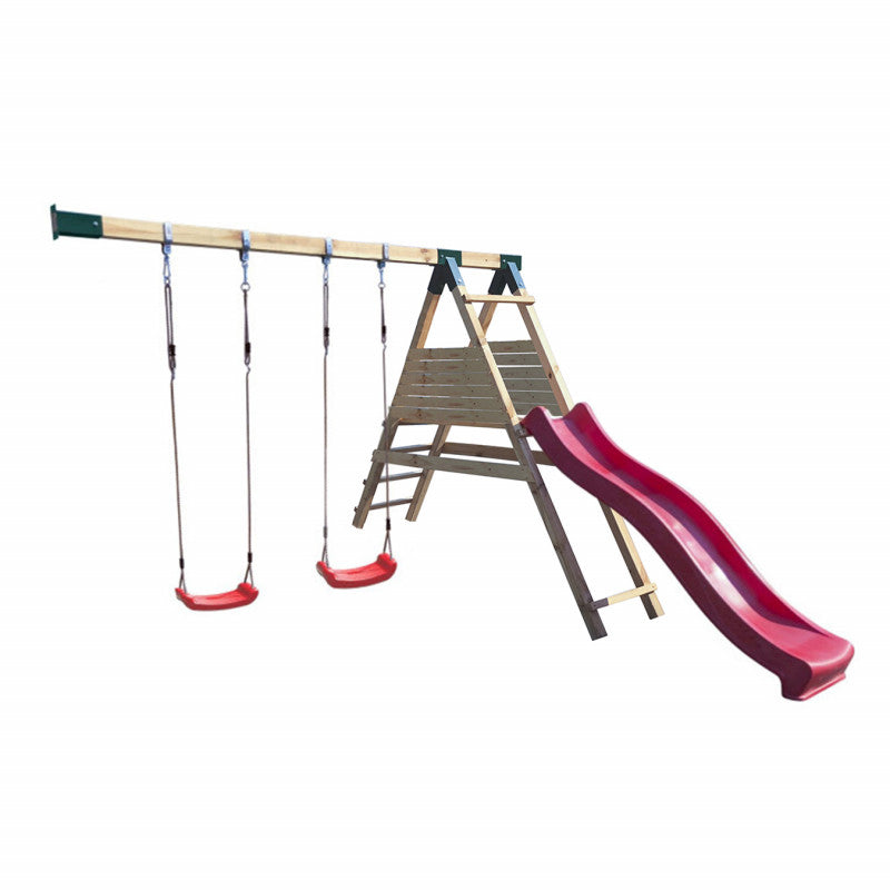 Spielhaus „Benno Plus“ aus Holz – Doppelschaukel, Plattform & Rutsche, 120 cm Podest, TÜV-geprüft, imprägniert