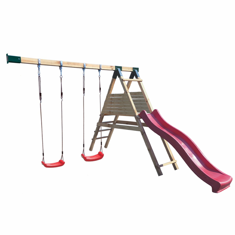 Abenteuerhaus „Leo XXL“ aus Holz – 2 Rutschen, Doppelschaukel, Kletterwand, Podeste 62/122 cm, TÜV-geprüft, imprägniert