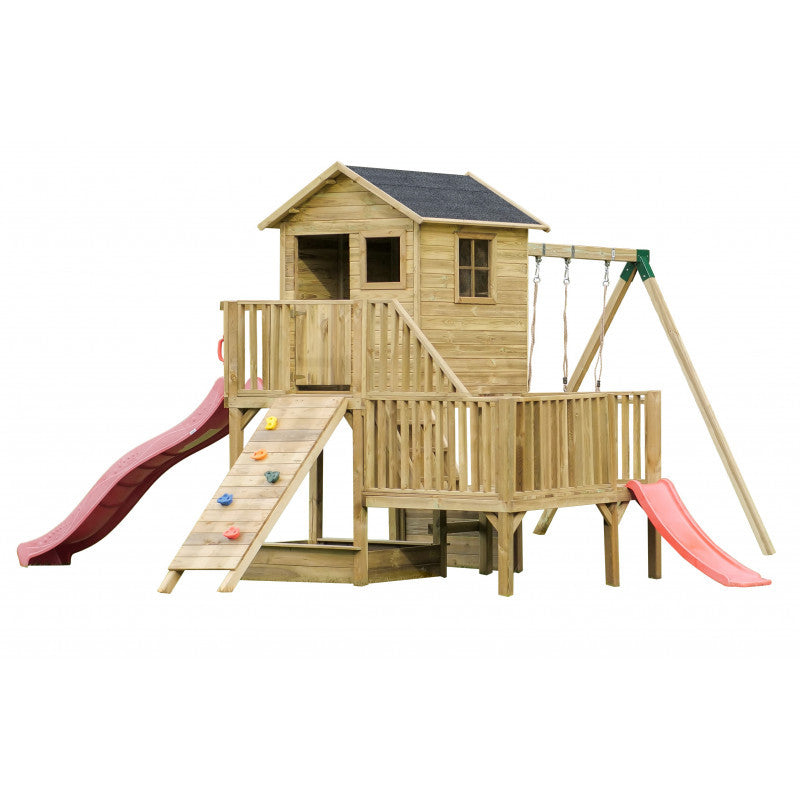 Abenteuerhaus „Leo Max“ aus Holz – Doppelschaukel, 2 Rutschen, Kletterwand, Podeste 62/122 cm, TÜV-geprüft, imprägniert