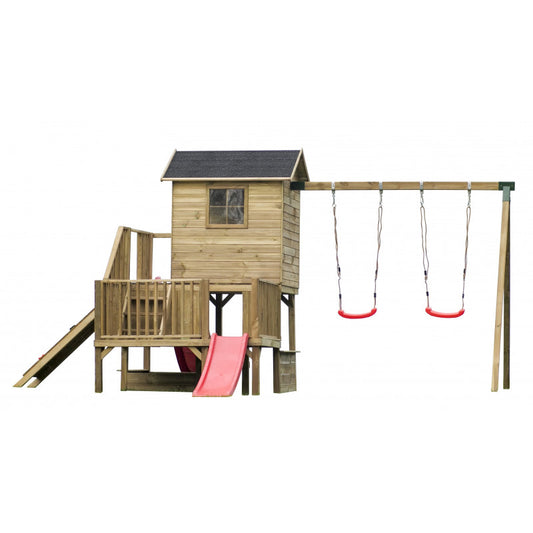Abenteuerhaus „Leo Max“ aus Holz – Doppelschaukel, 2 Rutschen, Kletterwand, Podeste 62/122 cm, TÜV-geprüft, imprägniert