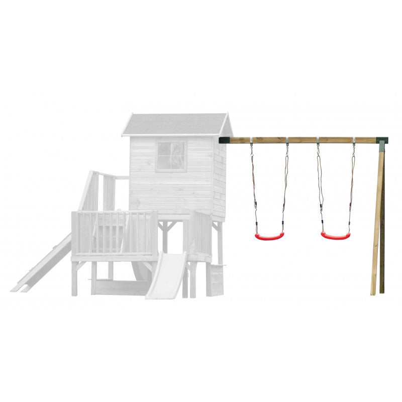 Abenteuerhaus „Leo Max“ aus Holz – Doppelschaukel, 2 Rutschen, Kletterwand, Podeste 62/122 cm, TÜV-geprüft, imprägniert