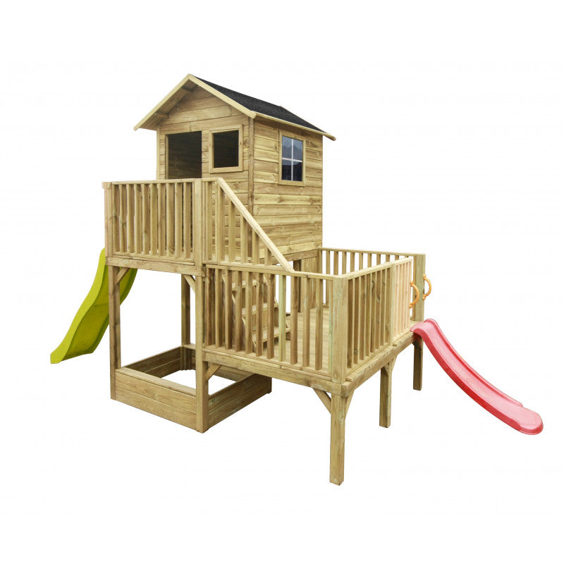 Abenteuerhaus „Leo Max“ aus Holz – Doppelschaukel, 2 Rutschen, Kletterwand, Podeste 62/122 cm, TÜV-geprüft, imprägniert
