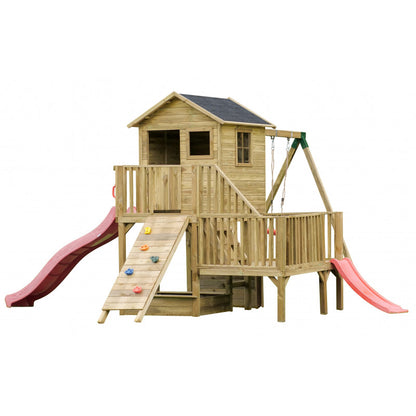 Abenteuerhaus „Leo“ aus Holz – Einzelschaukel, 2 Rutschen, Kletterwand, Podeste 62/122 cm, TÜV-geprüft, imprägniert