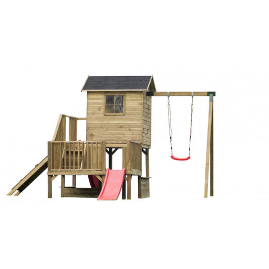 Abenteuerhaus „Leo“ aus Holz – Einzelschaukel, 2 Rutschen, Kletterwand, Podeste 62/122 cm, TÜV-geprüft, imprägniert