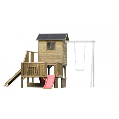 Abenteuerhaus „Leo“ aus Holz – Einzelschaukel, 2 Rutschen, Kletterwand, Podeste 62/122 cm, TÜV-geprüft, imprägniert