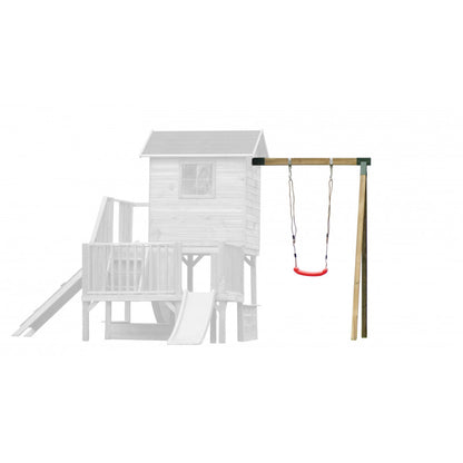 Abenteuerhaus „Leo“ aus Holz – Einzelschaukel, 2 Rutschen, Kletterwand, Podeste 62/122 cm, TÜV-geprüft, imprägniert