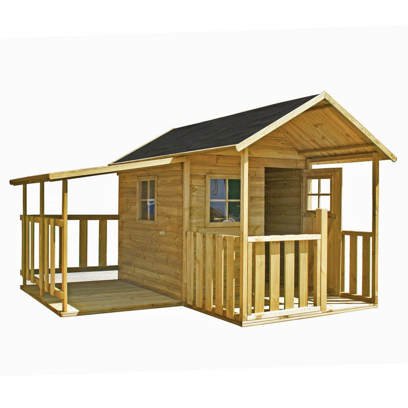 Spielhaus „Lilia Garage“ aus Holz – mit Anbau-Garage, 250×141×165 cm, EN71/TÜV-geprüft, naturbelassen