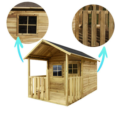 Spielhaus „Lilia Garage“ aus Holz – mit Anbau-Garage, 250×141×165 cm, EN71/TÜV-geprüft, naturbelassen