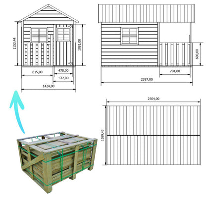 Spielhaus „Lilia Garage“ aus Holz – mit Anbau-Garage, 250×141×165 cm, EN71/TÜV-geprüft, naturbelassen