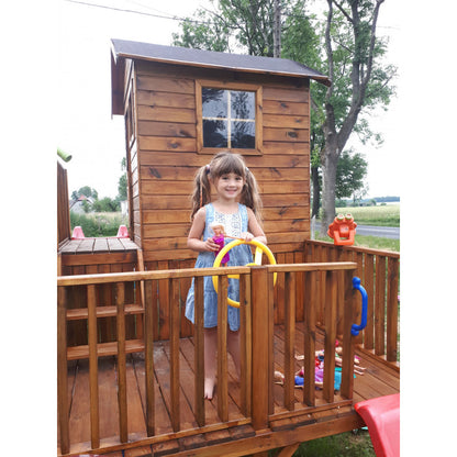 Abenteuerhaus „Leo Slide“ aus Holz – lange Rutsche, Podeste 60/120 cm, EN71/TÜV, 226,5 × 176 × 273 cm