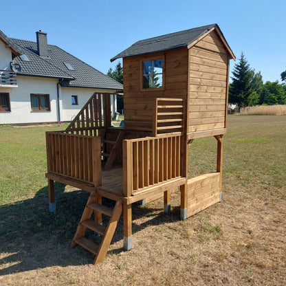 Abenteuerhaus „Leo Slide“ aus Holz – lange Rutsche, Podeste 60/120 cm, EN71/TÜV, 226,5 × 176 × 273 cm