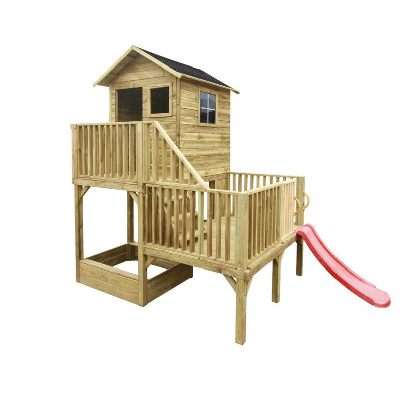 Abenteuerhaus „Leo Shorty“ aus Holz – kurze Rutsche, Podeste 62/122 cm, EN71/TÜV, 226,5×176×272 cm