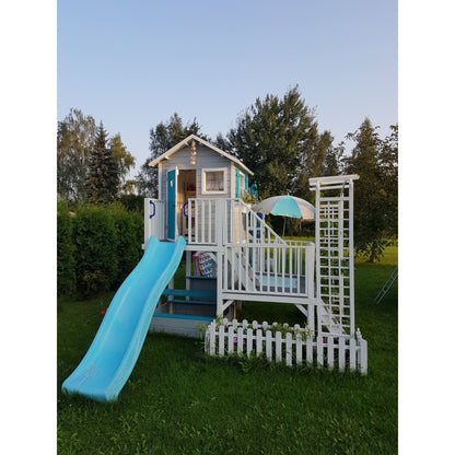 Abenteuerhaus „Leo Shorty“ aus Holz – kurze Rutsche, Podeste 62/122 cm, EN71/TÜV, 226,5×176×272 cm