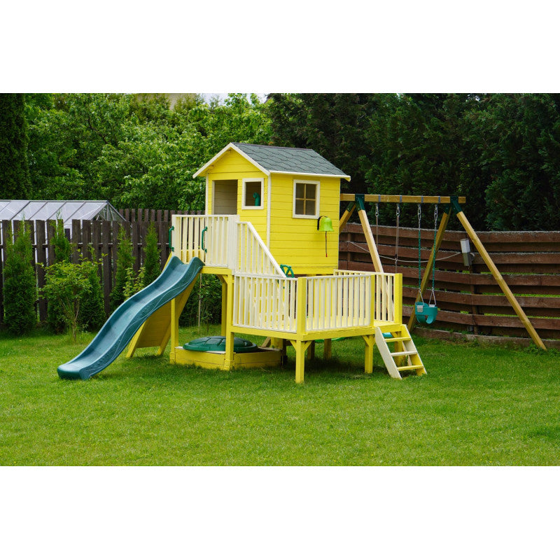 Abenteuerhaus „Leo Shorty“ aus Holz – kurze Rutsche, Podeste 62/122 cm, EN71/TÜV, 226,5×176×272 cm