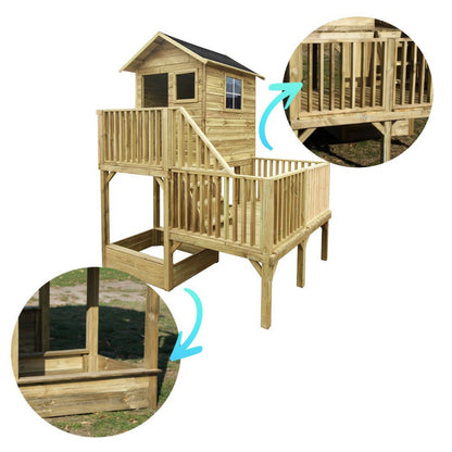 Abenteuerhaus „Leo Shorty“ aus Holz – kurze Rutsche, Podeste 62/122 cm, EN71/TÜV, 226,5×176×272 cm