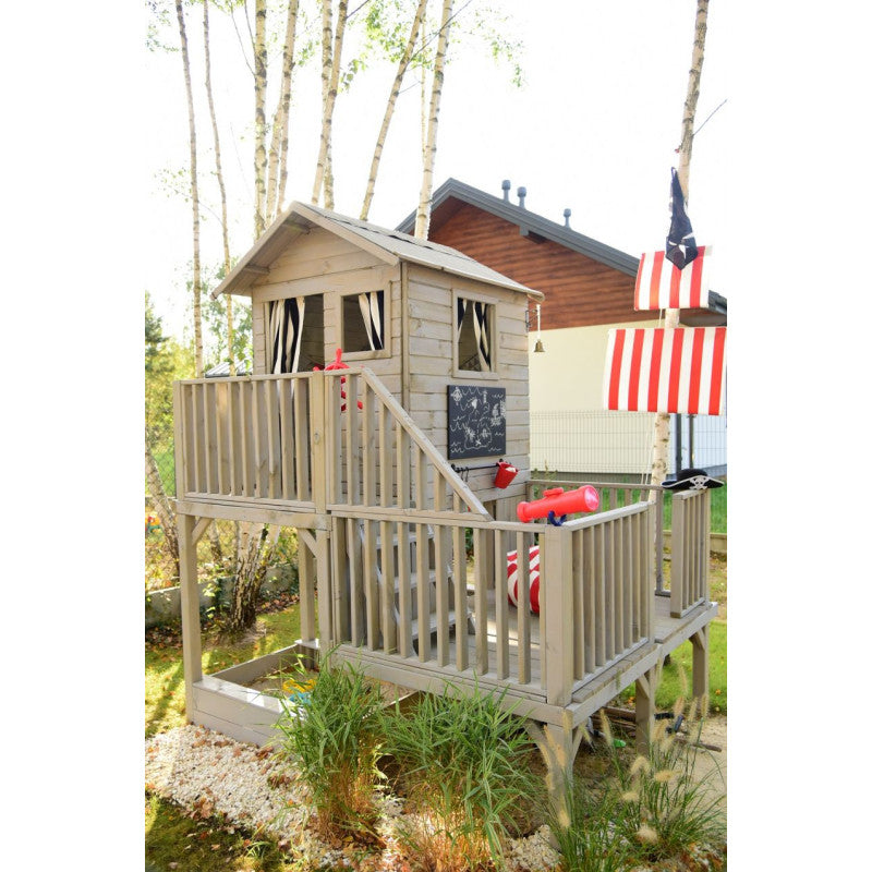 Abenteuerhaus „Leo Twin“ aus Holz – mit 2 Rutschen, Sandkasten & Podest, wetterfest & TÜV-geprüft