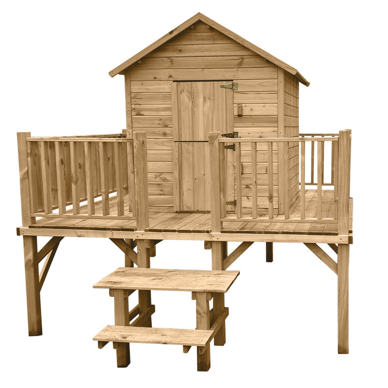 Spielhaus „Lino“ aus Holz – naturbelassen, mit Podest 80 cm & Dachpappe, 227×286×232 cm, EN71/TÜV-geprüft