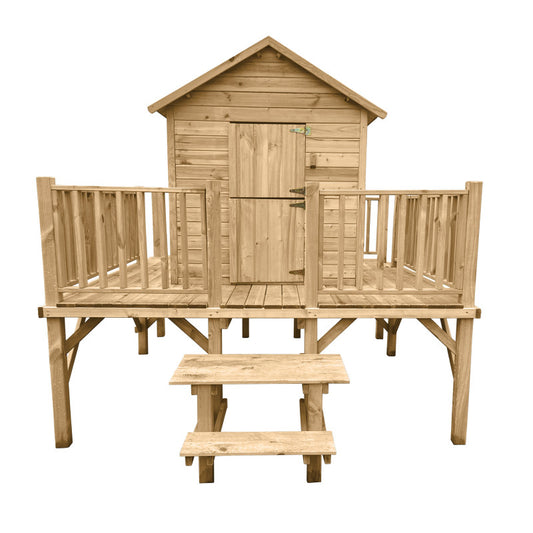 Spielhaus „Lino“ aus Holz – naturbelassen, mit Podest 80 cm & Dachpappe, 227×286×232 cm, EN71/TÜV-geprüft