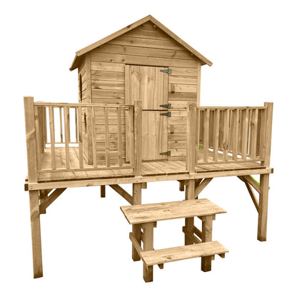 Spielhaus „Lino“ aus Holz – naturbelassen, mit Podest 80 cm & Dachpappe, 227×286×232 cm, EN71/TÜV-geprüft