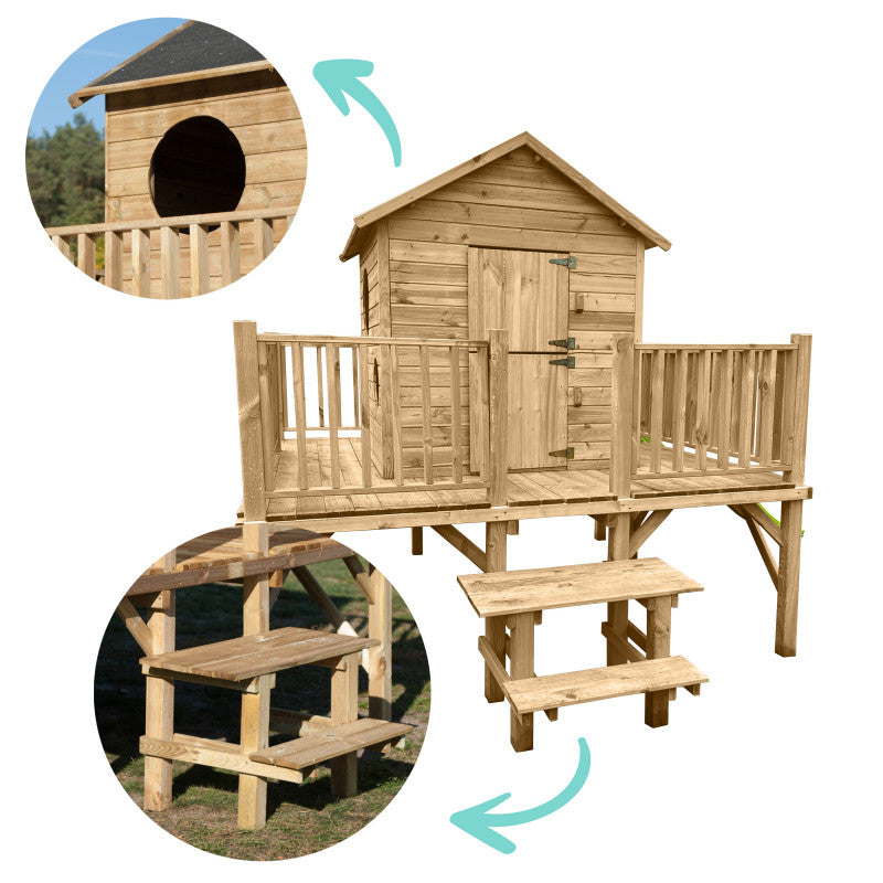 Spielhaus „Lino Plus“ aus Holz – mit Rutsche, Podest 80 cm & Dachpappe, 227×286×232 cm, EN71/TÜV-geprüft