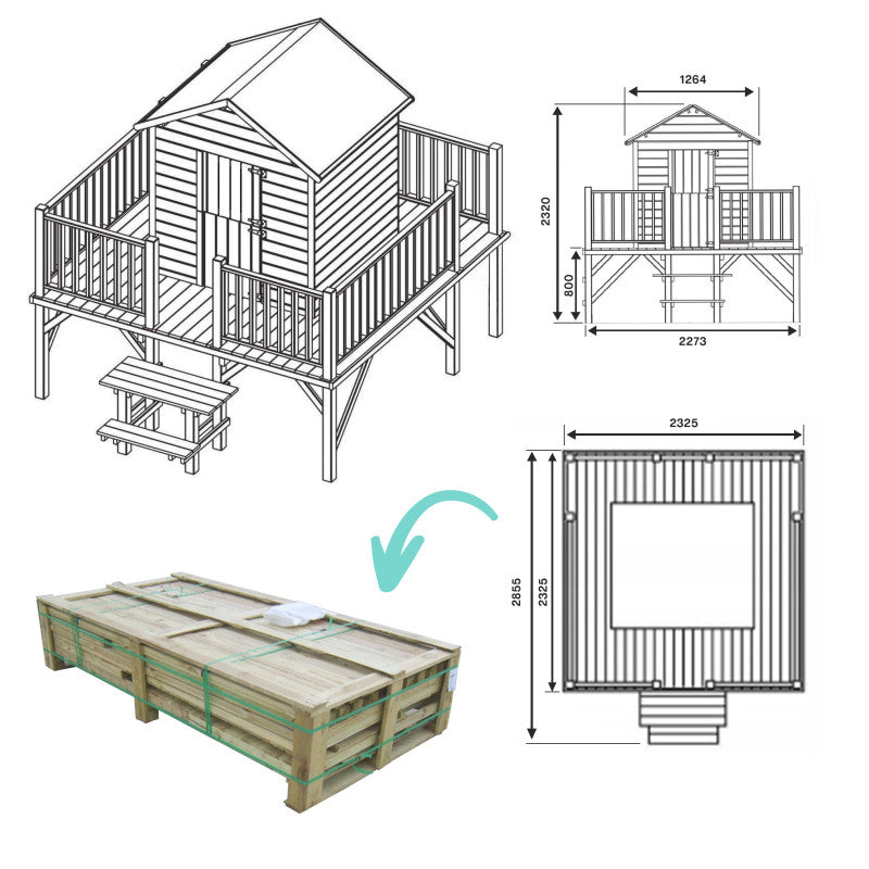 Spielhaus „Lino Plus“ aus Holz – mit Rutsche, Podest 80 cm & Dachpappe, 227×286×232 cm, EN71/TÜV-geprüft