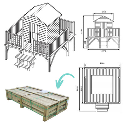 Spielhaus „Lino Plus“ aus Holz – mit Rutsche, Podest 80 cm & Dachpappe, 227×286×232 cm, EN71/TÜV-geprüft