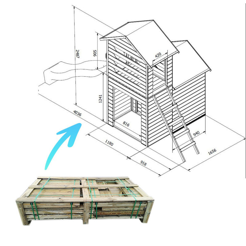 Spielhaus „Laro“ aus Holz – mit Rutsche & Leiter, 166×118×248 cm, 2 Etagen, TÜV/EN71, imprägniert