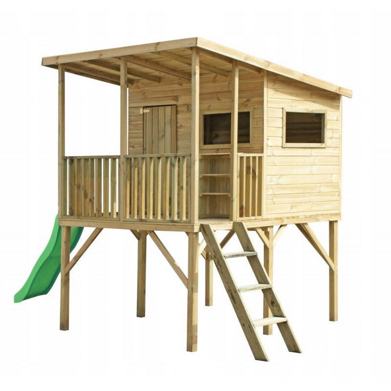 Spielhaus „Robin Plus“ aus Holz – mit Rutsche, Veranda, 120 cm Podest, imprägniert, TÜV-geprüft, ab 3 Jahren