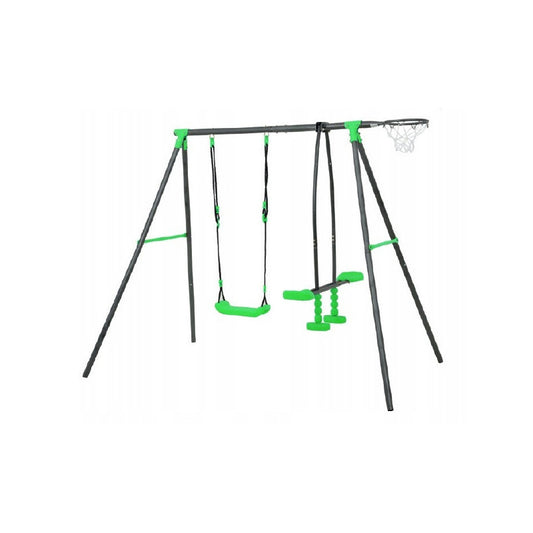 Spielplatz „Maxo Green“ aus pulverbeschichtetem Metall – Doppelschaukel, Einzelschaukel & Basketballkorb, 216×180×195 cm