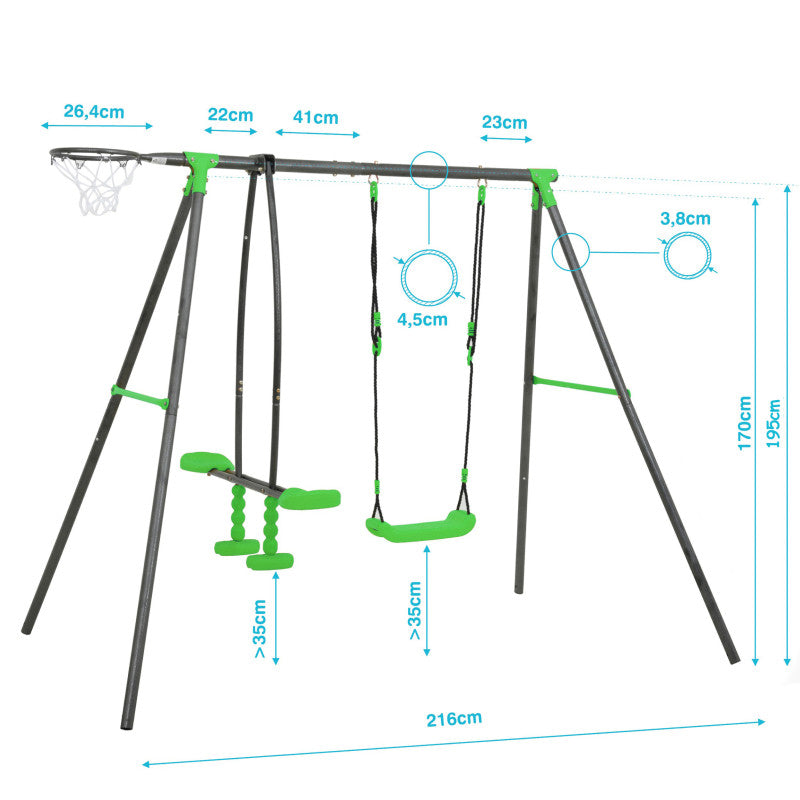 Spielplatz „Maxo Green“ aus pulverbeschichtetem Metall – Doppelschaukel, Einzelschaukel & Basketballkorb, 216×180×195 cm