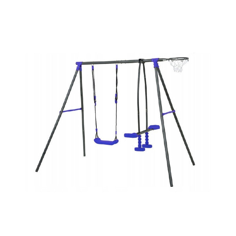 Spielplatz „Maxo Blue“ aus pulverbeschichtetem Metall – Doppelschaukel, Einzelschaukel & Basketballkorb, 216×180×195 cm